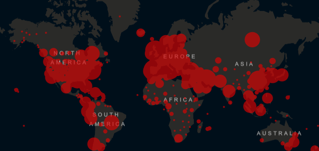 The Johns Hopkins Coronavirus dashboard showing positive cases all over the world